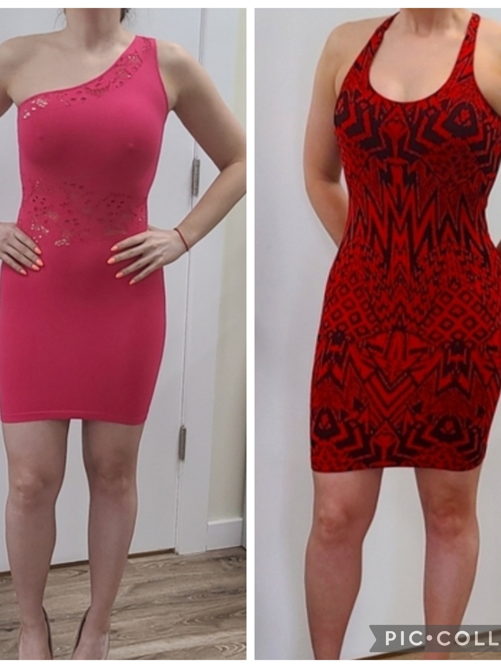 bebe Pink and Red Patterned Mini Dress with Crisscross Straps/Hot Pink Mini